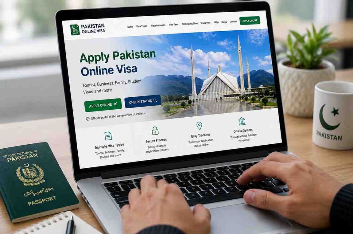 Person applying for a Pakistan online visa on a laptop with passport on the desk